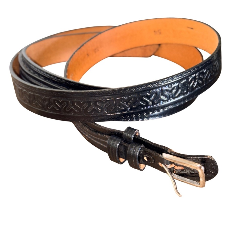 Mens Black Embossed Leather Belt Extra Long 58" Big Tall Western Casual Utility